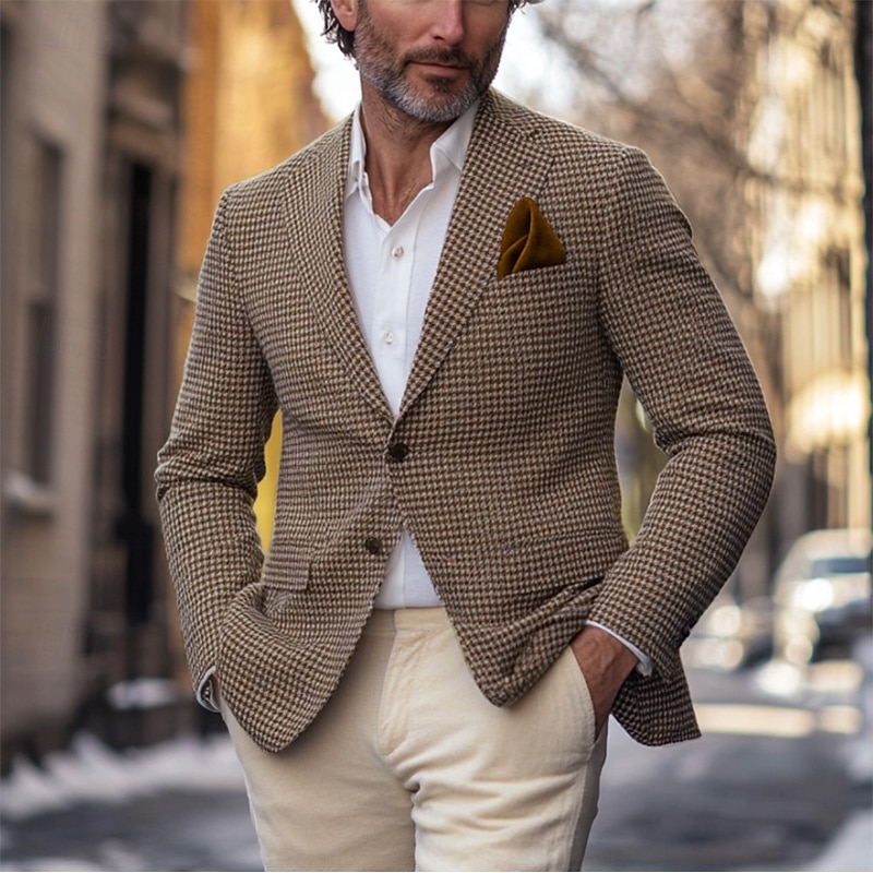 Men's Blazer Jacket Sport Coat Notch Collar Fashion Casual Houndstooth Blazer Brown Tailored Fit Single Breasted Two-buttons2