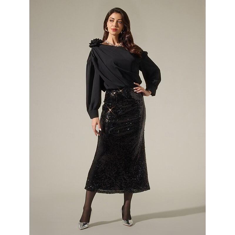 Sequin Glitter Vintage Lined Party Midi Skirt2