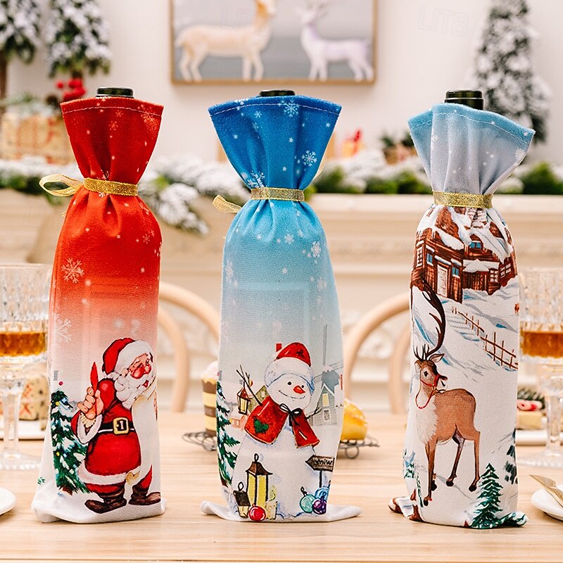 Christmas Bottle Covers, Christmas Decoration Xmas Party Ultra-Soft Fabric Cartoon Santa Wine and Champagne Bottle Sleeves2