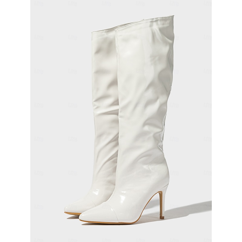 Women's Black Patent Faux Leather Knee-High Stiletto Boots - Sexy Pointed Toe High Heel Slouch Boots for Party and Night Out3