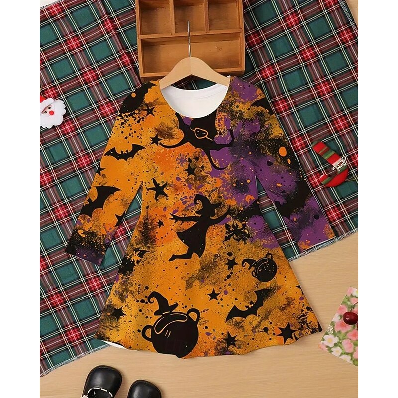 Halloween Girls' 3D Graphic Witch Bat Dress Long Sleeve Summer Spring Daily Holiday Vacation Beautiful Sweet Kids 4-12 Years Casual Dress A Line Dress Knee-length Polyester Regular Fit2