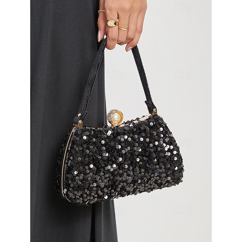 Women's Black Sequin Evening Clutch with Pearl Accent – Glamorous Handbag for Parties, Weddings, and Formal Events3