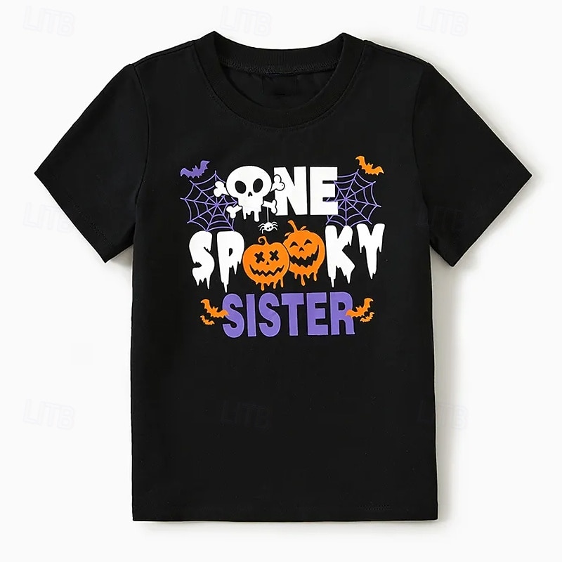 100% Cotton Halloween Kids Girls' Black Halloween pumpkin T shirt Tee Crew Neck Short Sleeve Outdoor Daily Vacation Classic Casual Print Summer