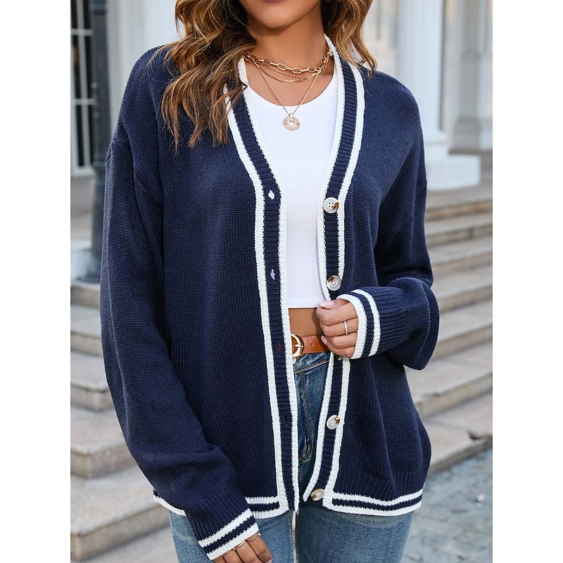 Women's Cardigan Fashion Streetwear Daily Color Block Open Front Knitted Long Sleeve Long Tops Knit Work White Navy Blue Fall Winter