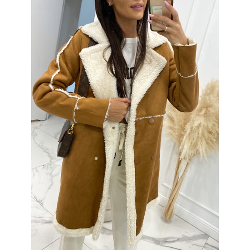 Women's Winter Coat Windproof Warm Patchwork Buttons Elegant Outdoor Solid Color Work Casual Double Breasted Turndown Loose Fit Long Sleeve Outerwear Black Brown Fall Winter