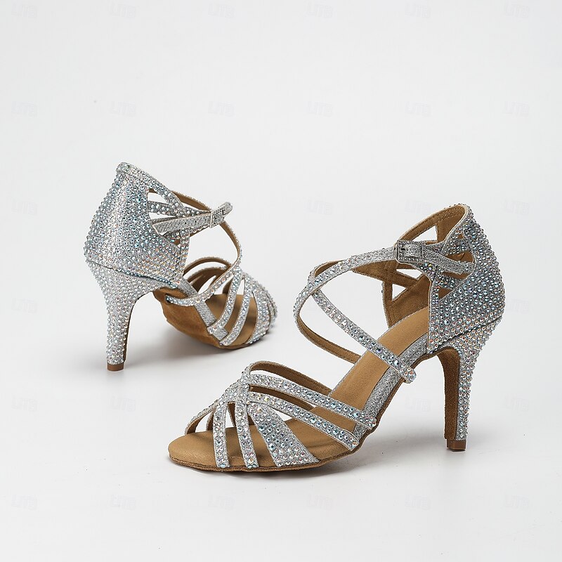 Women's Latin Dance Shoes Professional Ballroom Dance ChaCha Party Collections Heel Sandals Flashing Shoes Party Professional Sparkling Glitter Buckle Crystals Flared Heel Open Toe Buckle Adults'2