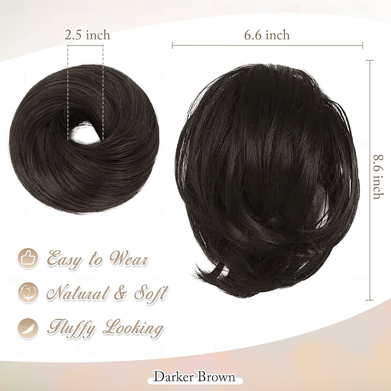 Straight Hair Bun Extensions, Short Ponytail Brown Hair Bun Extensions, Synthetic Messy Bun Hairpieces Elastic Easy Scrunchies for Women Girls4