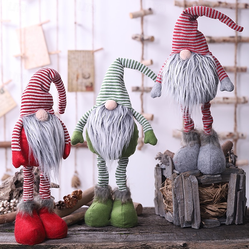 Christmas Gnome Figurines - New Striped Faceless Standing Dolls, Nordic Santa Claus Stretchable Ornaments, Festive Holiday Decorations
