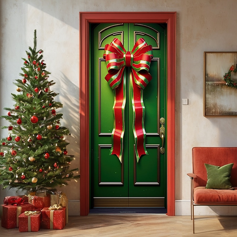 Christmas Door Decorations Door Covers Xmas Bow Tie Door Tapestry Door Curtain Decoration Backdrop Door Banner for Front Door Farmhouse Christmas Holiday Party Decor Supplies Ornaments Indoor/Outdoor 15