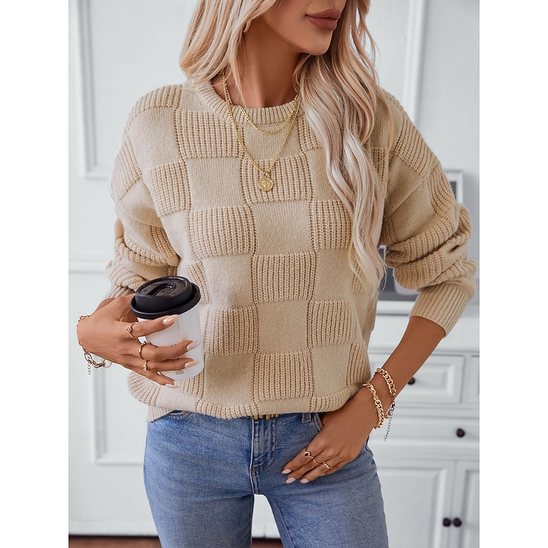 Women's Sweater Fashion Daily Geometric Crew Neck Knitted Textured Long Sleeve Regular Tops Knit Work White Camel Fall Winter