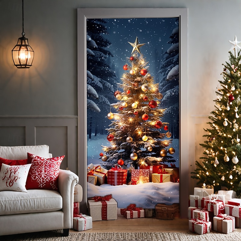 Christmas Door Decorations Door Covers Xmas Tree Gifts Door Tapestry Door Curtain Decoration Backdrop Door Banner for Front Door Farmhouse Holiday Party Decor Supplies Indoor/Outdoor4