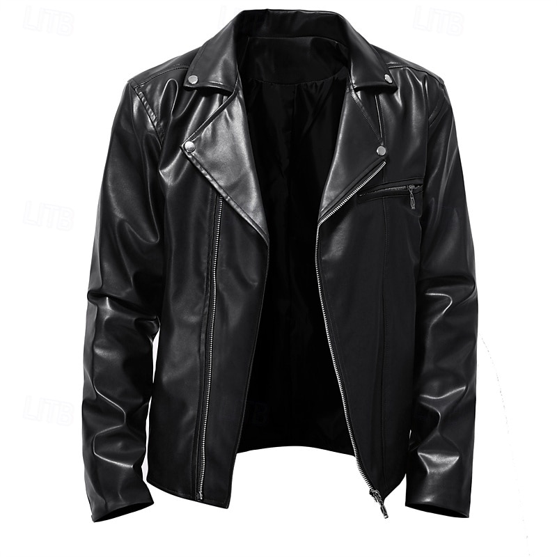 Men's Faux Leather Jacket Biker Jacket Patent Leather Jacket Motorcycle Jacket Daily Vacation Windproof Warm Pocket Fall & Winter Plain Fashion Classic Stand Collar Regular Faux Leather PY01-Black2