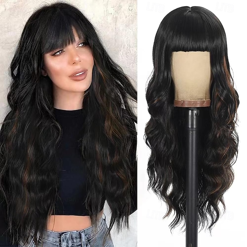 Wig with Bangs Long Wavy Wig for Women Synthetic Curly Wigs Hair Replacement Wigs for Girls Daily Party Use 26 Inches