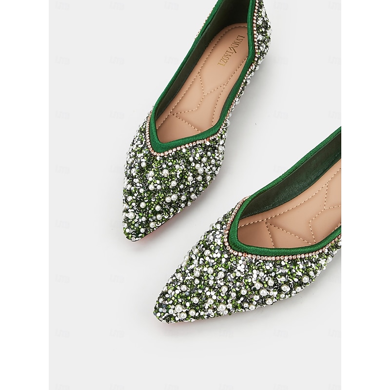 Women's Green Rhinestone Embellished Pointed-Toe Flats, Elegant Crystal Beaded Ballet Shoes, Perfect for Weddings, Parties, and Formal Occasions4