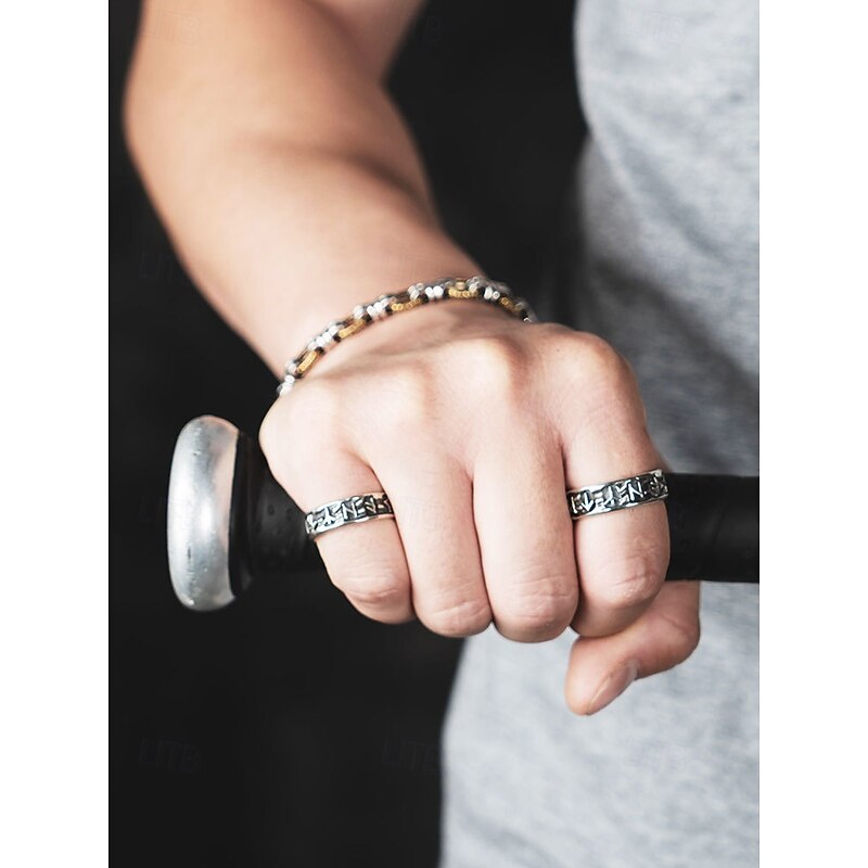 Men's Silver-Tone Adjustable Ring with Engraved Symbols, Vintage-Style Statement Jewelry for Casual and Gothic Fashion