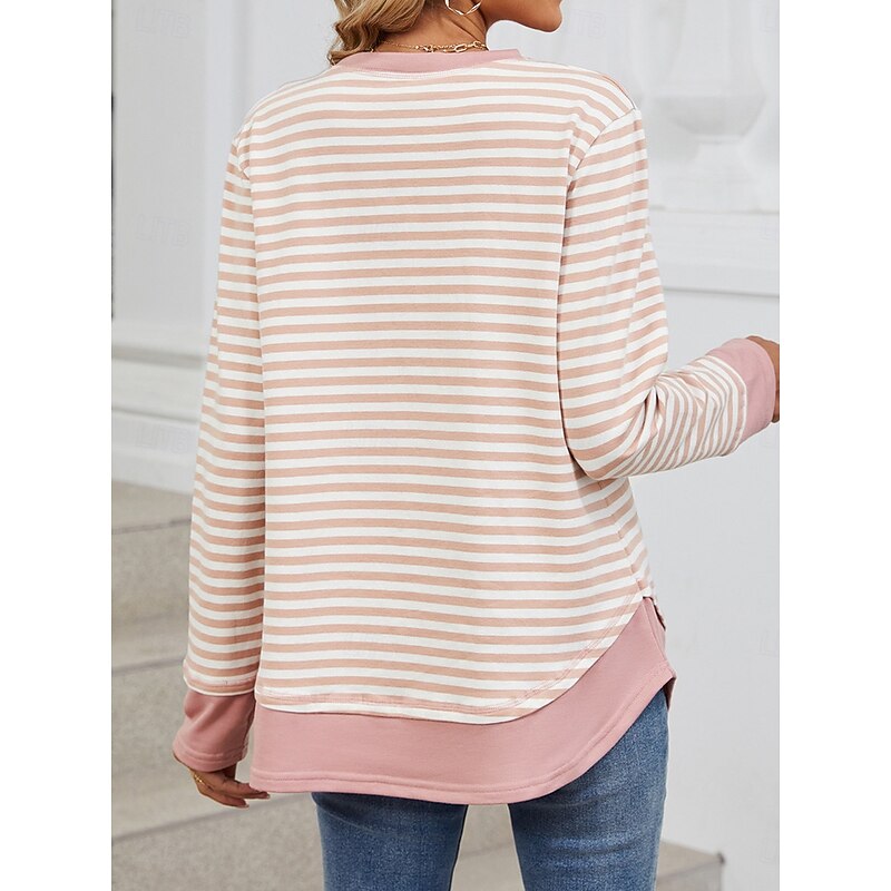 Women's Sweatshirt Casual Striped Street Dailywear Crew Neck Print Long Sleeve Black Pink Fall Winter4