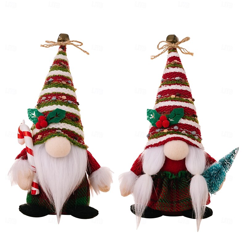 Christmas Gnome Figurines - Knitted Striped Hat with Bell, Holding Peppermint Candy Cane, Nordic Rudolph and Christmas Tree Decorations, Festive Holiday Ornaments2