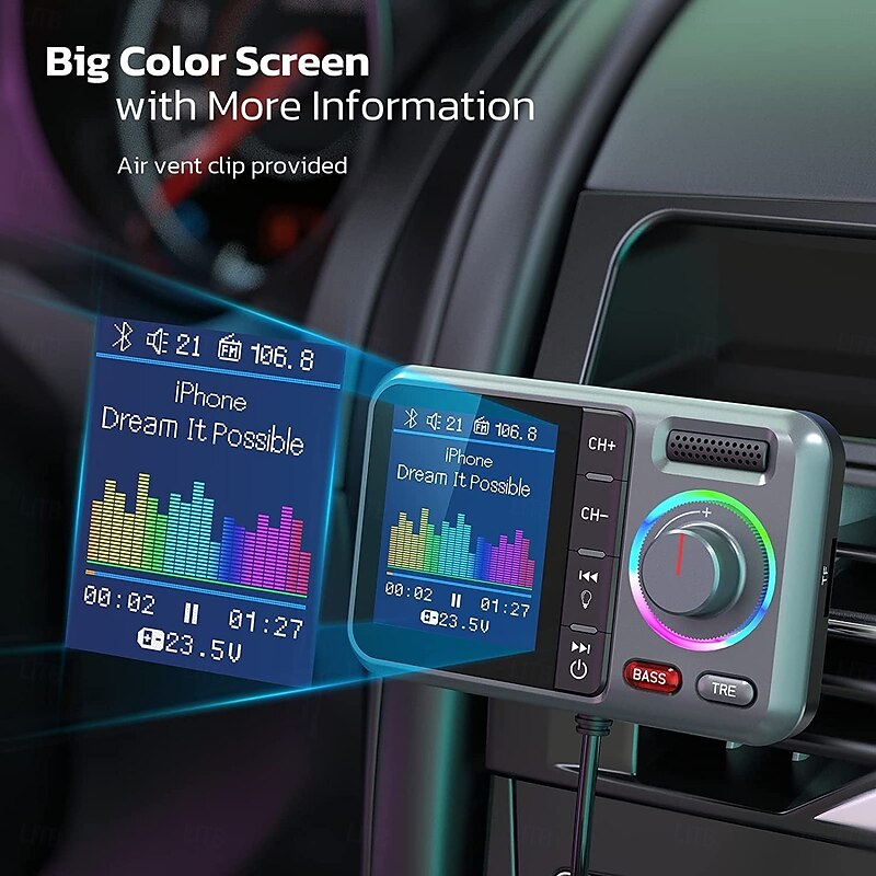 Bluetooth FM Transmitter for Car Wireless Car Bluetooth Adapter with Color Screen Support QC3.0 Fast Charging Hands-Free Call MP3 Music Player BASS&TRE Booster TF Card4
