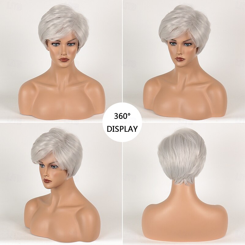 Synthetic Wig Straight Asymmetrical Wig Short Silver Synthetic Hair Women's Fashionable Design Soft Natural Silver3
