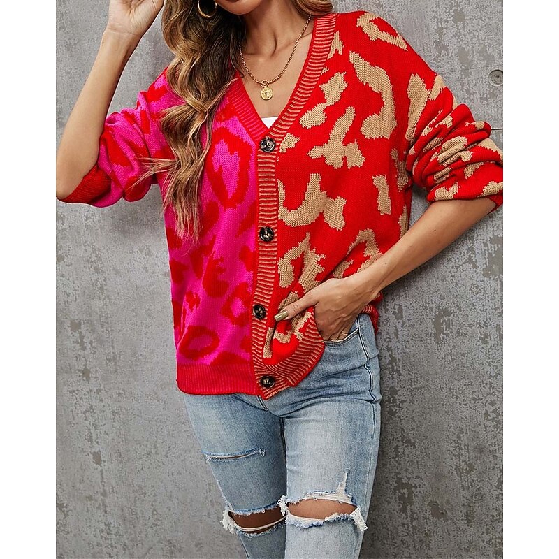 Women's Cardigan Fashion Daily Casual Leopard Color Block Print Open Front Knitted Long Sleeve Regular Tops Knit Formal Home Red Brown Fall Winter 9