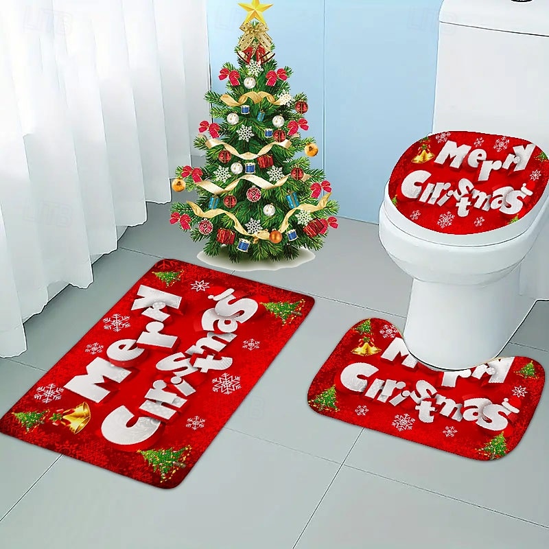 3 Pieces Christmas Bathroom Rugs and Mats Sets Xmas Non Slip Water Absorbent Bath Rug,Toilet Seat/Lid Cover,U-Shaped Toilet Mat,Home Decor Doormats Animal Bear Footprints