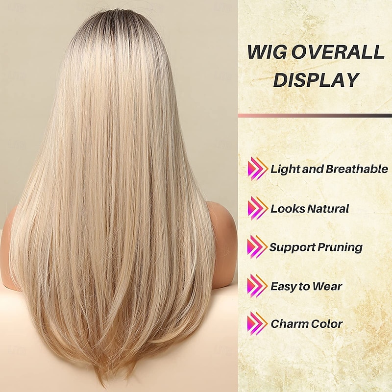 Long Blonde Wig with Bangs - Ombre Dark Root Blonde Wigs for White Women, Striaght Wavy Synthetic Heat Resistant Hair, Natural Cute Wigs for Halloween/Christmas/Cosplay/Party4