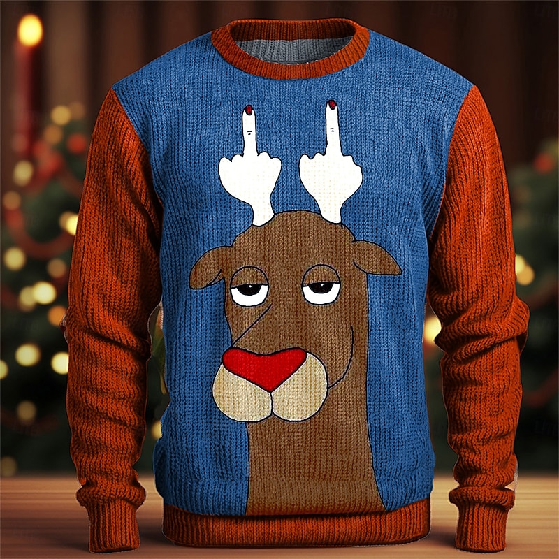 Ugly Christmas Sweater Men's Funny Sweaters Gesture Deer Pullover Jumper Knitting Thermal Party Evening New Years Eve Long Sleeve Crewneck Fall Winter Red Blue Green S M L