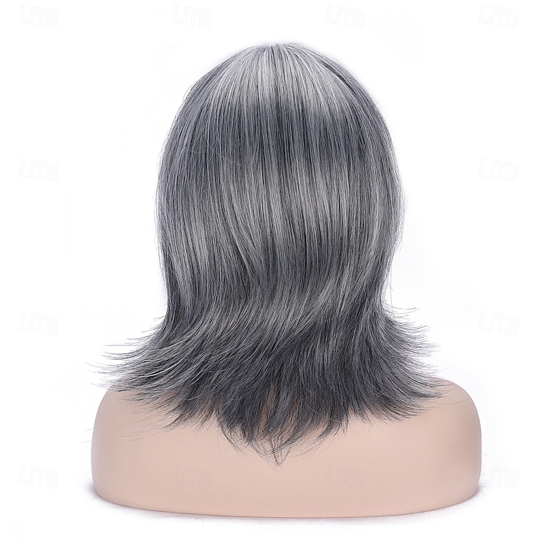Silver Gray Layered Wig with Curtain Bangs for Women Synthetic Light Grey Ombre Highlight Bob Wig Short Pixie Cut Layered Wavy Wig for Women4