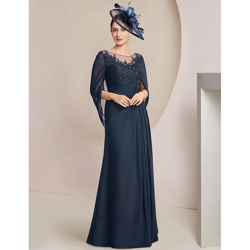 Sheath Dress Mother of the Bride Dress Elegant Jewel Neck Floor Length Chiffon Half Sleeve with Lace Side-Draped Solid Color4