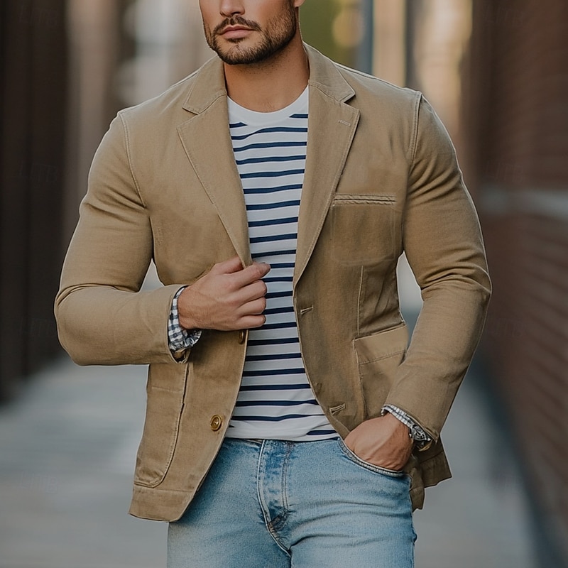 Men's Blazer Jacket Casual Jacket Formal Party Office Lined Elegant Vintage Spring Fall POLY Solid Color Single Breasted One-button Blazer khaki