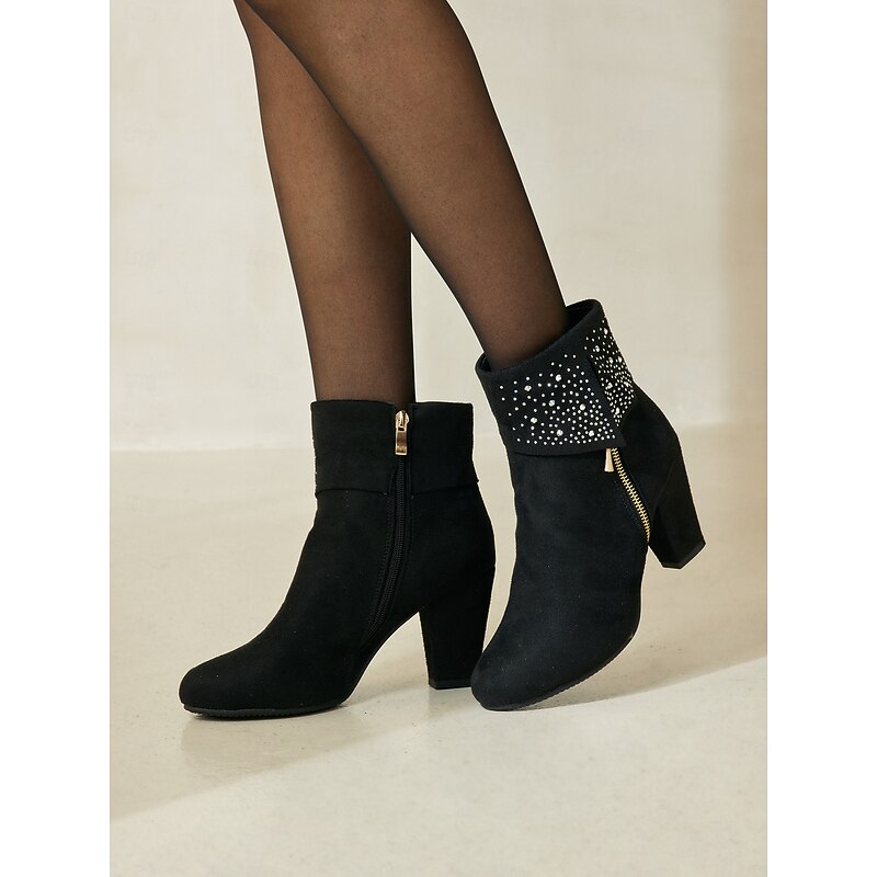 Stylish Black Ankle Boots with Rhinestone Detail - Chic Suede Finish, Side Zipper, Perfect for Evening Outfits and Special Occasions
