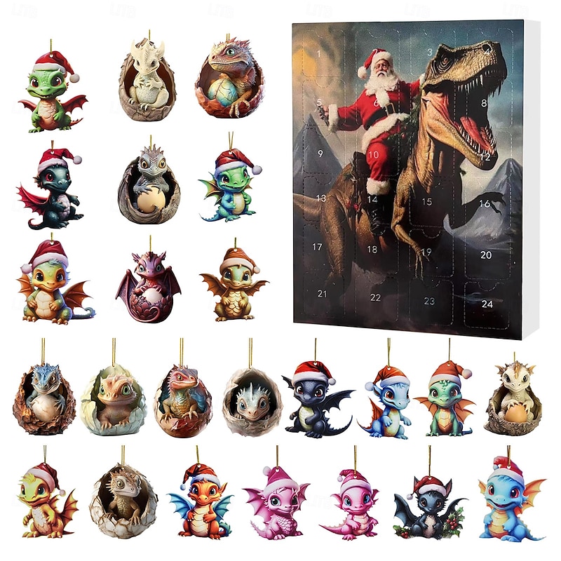 Christmas Advent Calendar Ornaments,2D Acrylic Cute Dragon Baby 24pcs Christmas Ornament Kit Gift 24 Days Countdown Mini Hanging Tree Xmas Ornaments for Christmas Party Decorations
