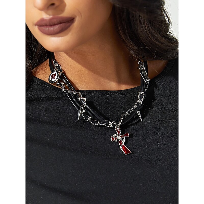 Gothic Punk Chain Necklace with Spiked Cross Pendant, Black and Silver Statement Jewelry for Halloween, Cosplay, and Alternative Fashion3