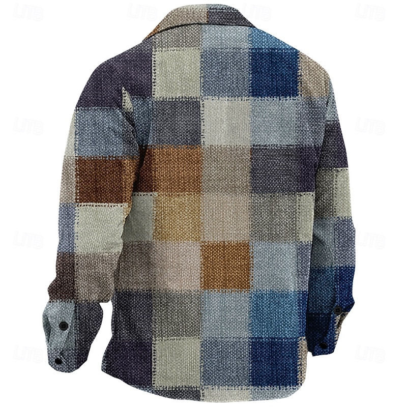 Men's Plaid Geometric Pattern Corduroy Shirt Shirt Jacket Overshirt Long Sleeve Vintage Casual Formal Dailywear Fall & Winter Turndown Collared Shirts Buttons 3D Print 2 Pockets 1pc Light Blue Navy2