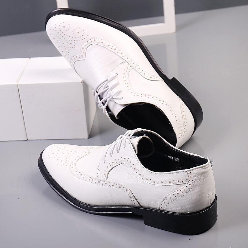 Men's White Brogue Oxford Dress Shoes - Classic Formal Lace-up Faux Leather Shoes for Weddings, Parties, and Business Wear2