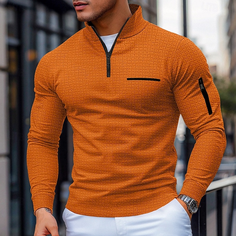 Men's Waffle Polo Shirts Pullover Sports & Outdoor Daily Wear Quarter Zip Long Sleeve Fashion Comfortable Color Block Zip Up Pocket Spring &  Fall Cross-Seasons Regular Fit Black White Navy Blue4