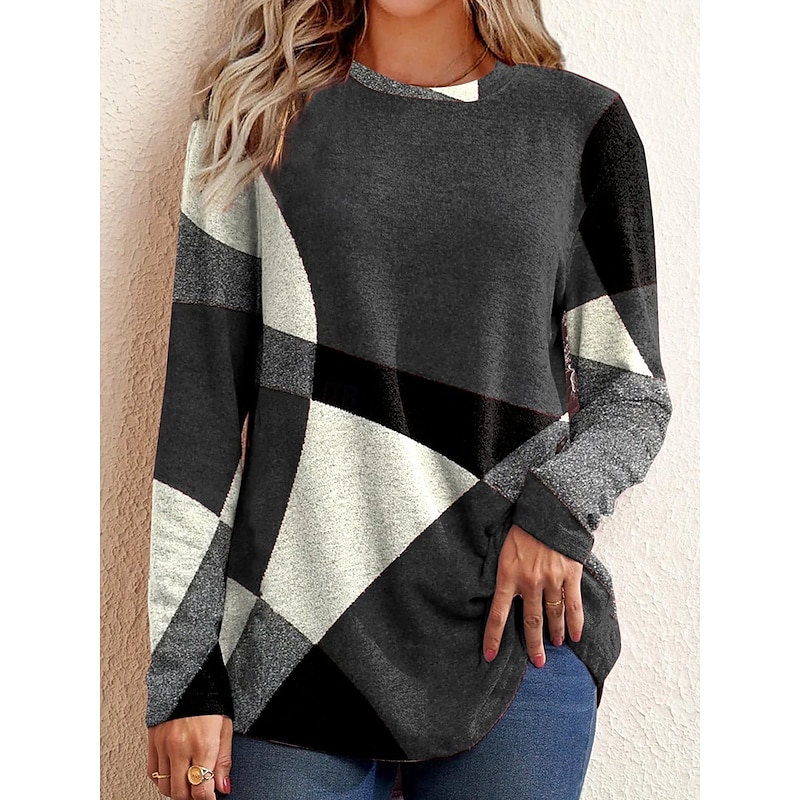 Women's T shirt Long Sleeve Crew Neck Long Sleeve Tunic Argyle Pattern Cozy Plush Pullover Red Black Gray White Round Neck Casual Elegant Warm Autumn Winter Clothing Apparel Prefall4