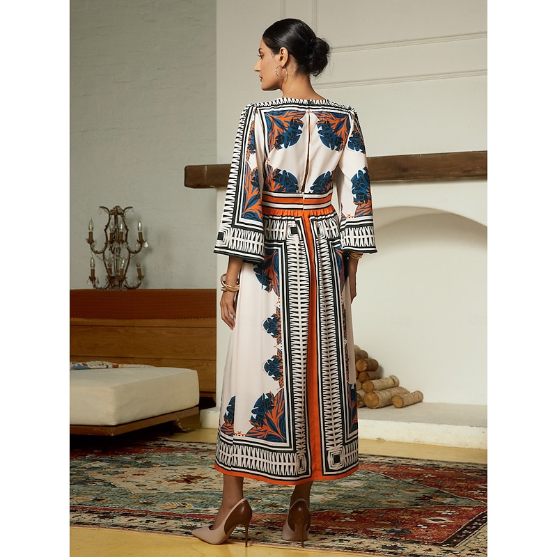 Satin Geometric Bohemia V Neck Maxi Dress2