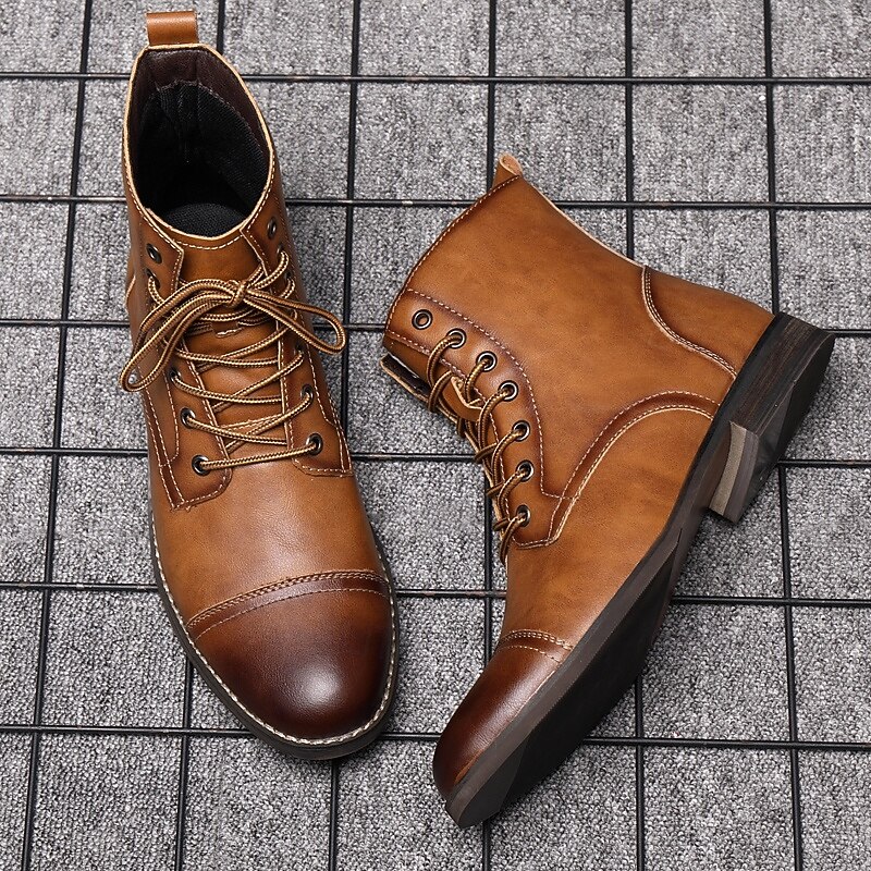 Men's Tan Faux Leather Military Boots with Durable Lace-Up Design - Stylish Outdoor and Workwear Boots"2