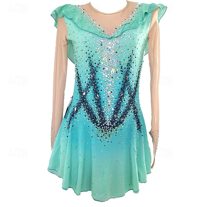 Figure Skating Dress Women's Girls' Ice Skating Dress Green Patchwork Mesh High Elasticity Training Competition Skating Wear Classic Crystal / Rhinestone Long Sleeve Ice Skating Figure Skating