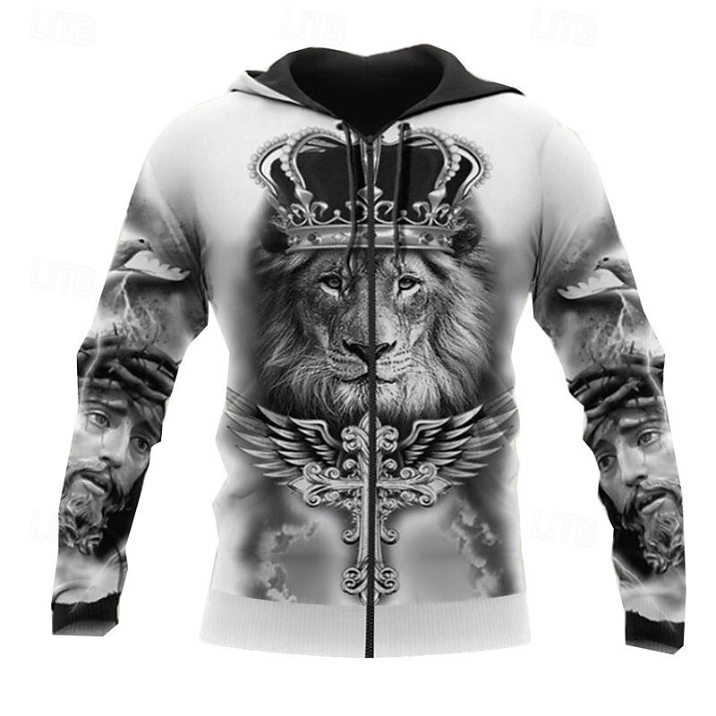 Men's Lion Graphic Prints Hoodie Hoodies Sweatshirt Streetwear Casual Long Sleeve Hooded Sports & Outdoor Daily Sports Yellow / Black Black & Yellow Zipper Print Spring &  Fall Designer2