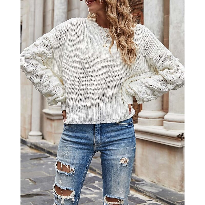 Women's Sweater Elegant Fashion Daily Solid Color Crew Neck Knitted Textured Long Sleeve Regular Tops Knit Work Black White Fall Winter4