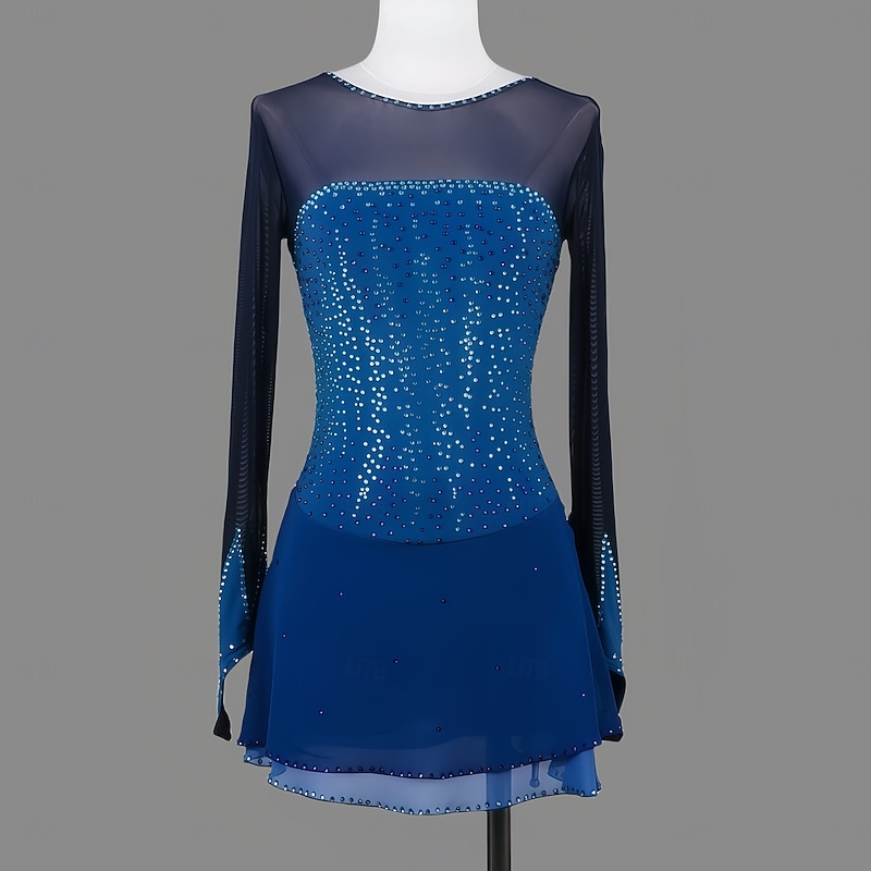 Figure Skating Dress Women's Girls' Ice Skating Dress Dark Green Dark Blue Patchwork Thumbhole Mesh Spandex Stretchy Training Practice Professional Skating Wear Thermal Warm Classic Crystal