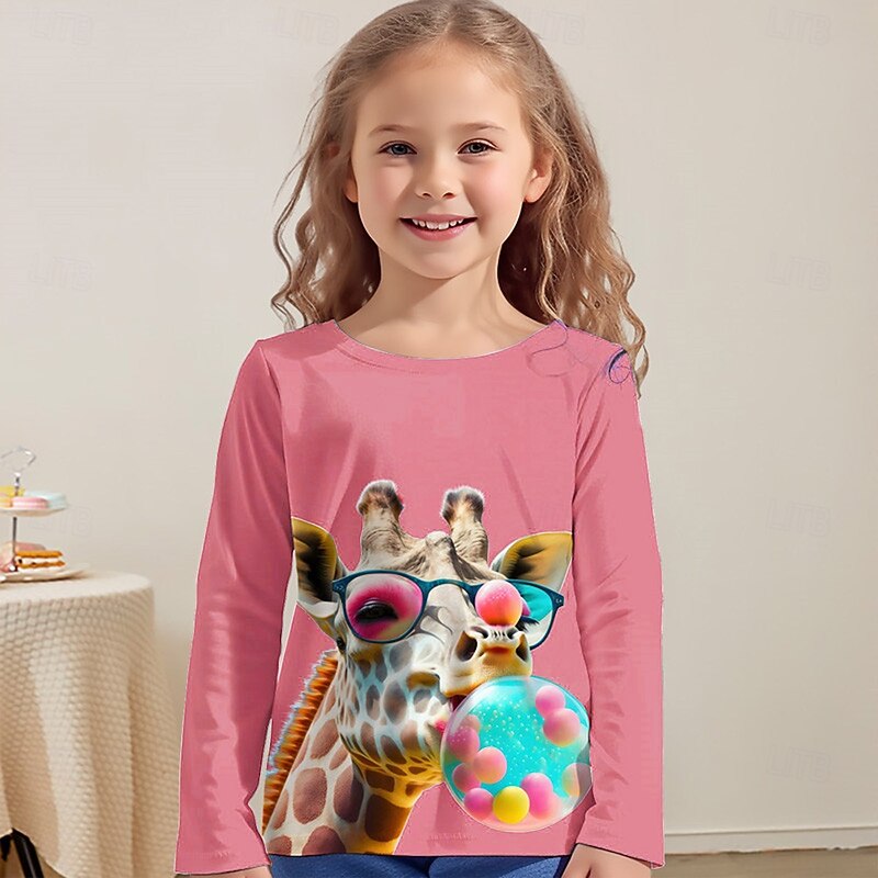 Girls' 3D Graphic Animal Giraffe T shirt Tee Long Sleeve Spring Fall Fashion Basic Kids 4-12 Years Crew Neck Outdoor Casual Daily Regular Fit3