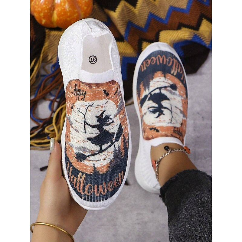 Women's Halloween Witch Print Slip-On Sneakers – Festive and Comfortable Knit Shoes for Casual Wear and Halloween Celebrations3