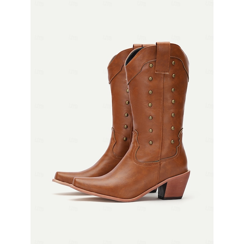 Women's Vintage Brown Leather Knee-High Cowboy Boots - Western Style with Distressed Finish2