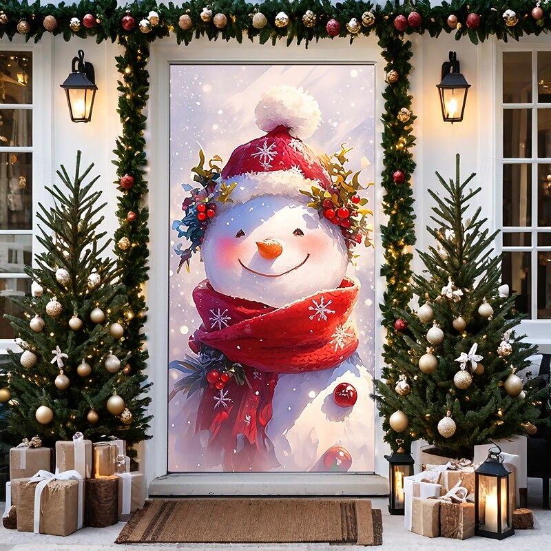 Christmas Door Decorations Door Covers Xmas Snowman Door Tapestry Door Curtain Decoration Backdrop Door Banner for Front Door Farmhouse Holiday Party Decor Supplies Indoor/Outdoor