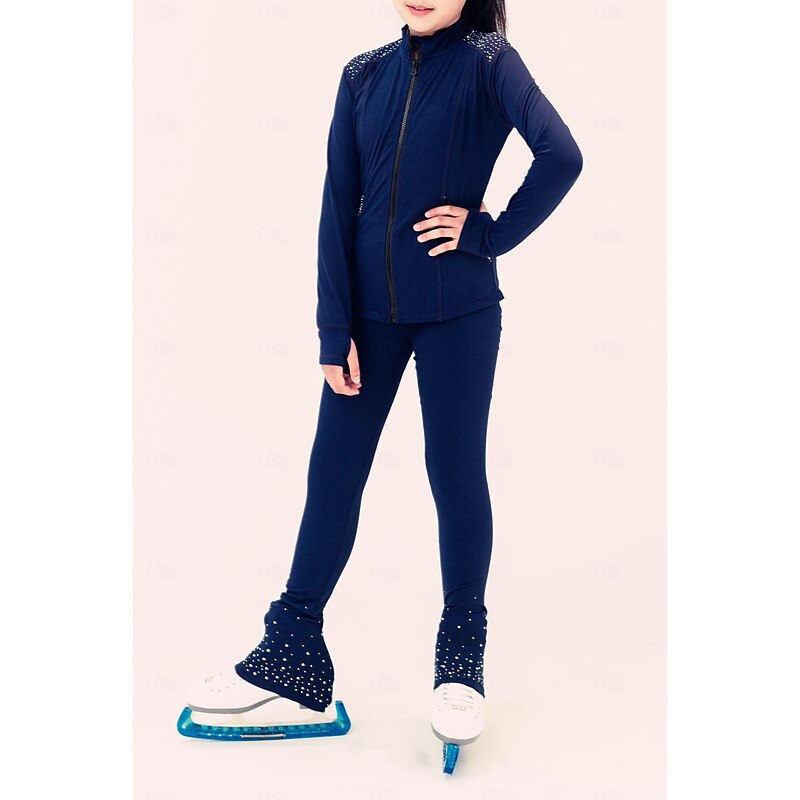 Figure Skating Fleece Jacket Figure Skating Pants Figure Skating Jacket with Pants Women's Girls' Ice Skating Jacket Tights Outfits Dark Blue Patchwork Thumbhole Spandex Stretchy Training Practice2
