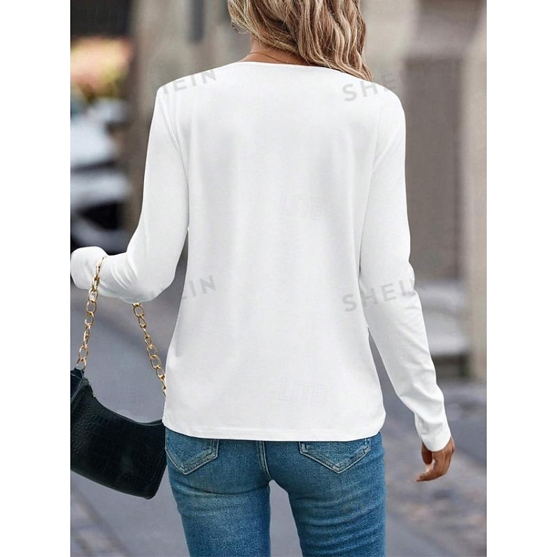 Women's 100% Cotton Tunic T Shirt Fashion Casual Print Long Sleeve Regular Tops Crew Neck Daily Black White Spring Fall2
