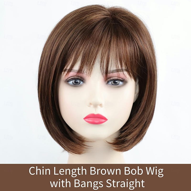 Short Brown Bob Wigs for Women Brown Mixed Blonde Synthetic Wig with Bangs Natural Looking Daily Party Wig3